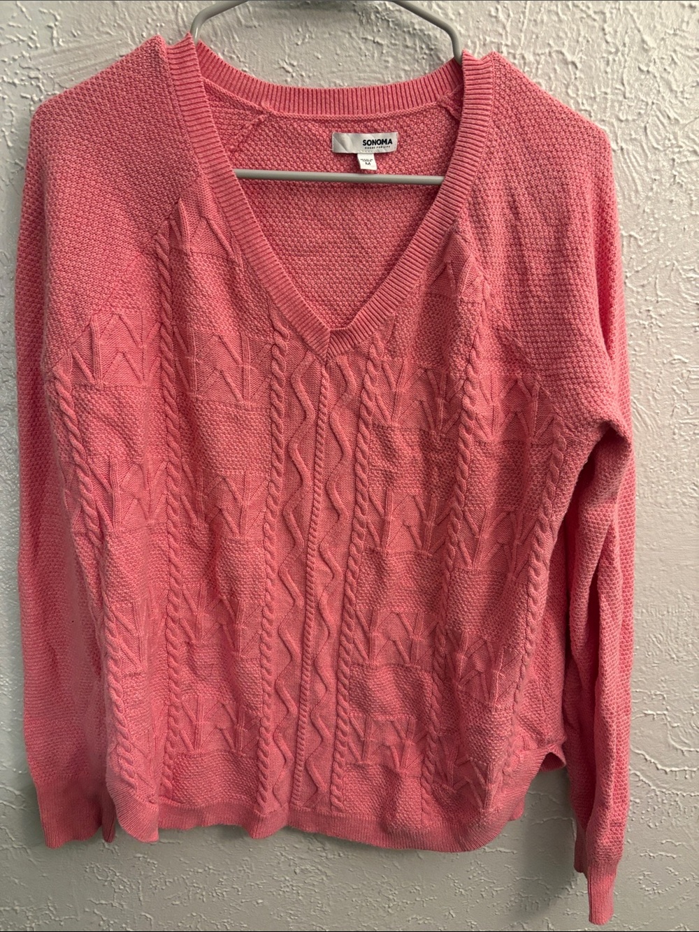 Sonoma Coral Pink V-Neck Cable Knit Sweater